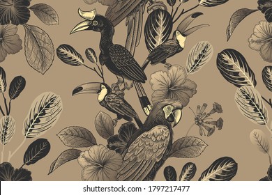 Floral seamless pattern. Luxury background for textile, paper, wallpaper. Tropical leaves and flowers, birds, parrots and toucans. Exotic background. Black and gold. Vector illustration. Vintage