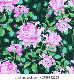 Patrón floral sin fisuras hecho de rosas grandes florecientes. Pintura acrítica con brotes de flores y hojas sobre fondo de piel de leopardo. Mezcla de textura de piel animal y adorno botánico.