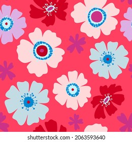 Floral seamless pattern made of blossom meadow daisies. Large flower buds. Hand drawn botanical background in trendy flat design. Cartoon style. Nature motif and retro design.