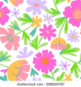 Patrón floral sin fisuras hecho de plantas praderas de flores y flores de campo y mareas. Fondo botánico dibujado a mano en un estilo moderno y plano. Dibujo de caricaturas. Sencillo motivo natural con diseño retro plano.