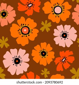 Floral seamless pattern made of blossom meadow daisies. Large flower buds. Hand drawn botanical background in trendy flat design. Cartoon style. Nature motif and retro design.