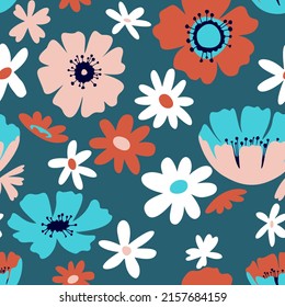 Floral seamless pattern made of blossom meadow plants and field flowers and daisies. Hand drawn botanical background in trendy flat style. Cartoon drawing. Nature motif and retro design.