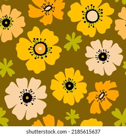 Floral seamless pattern made of blossom meadow daisies. Large flower buds. Hand drawn botanical background in trendy flat design. Cartoon style. Nature motif and retro design.