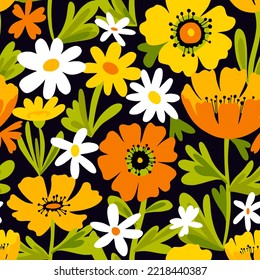 Patrón floral sin fisuras hecho de plantas praderas de flores y flores de campo y mareas. Fondo botánico dibujado a mano en un estilo moderno y plano. Dibujo de caricaturas. Motivo de la naturaleza y diseño retro.