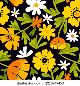 Floral seamless pattern made of blossom meadow plants and field flowers and daisies. Hand drawn botanical background in trendy flat style. Cartoon drawing. Nature motif and retro design.