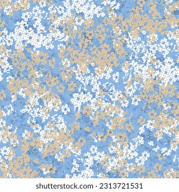 Floral seamless pattern made of blossom meadow daisies. Small flower buds overlaid on grungy dots paint stains texture background. Vibrant winter motif in cartoon style. Botanical print 