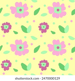 Floral seamless pattern made of blossom meadow plants and field flowers. Hand drawn botanical background in trendy flat style. Cartoon drawing. Nature motif and retro design