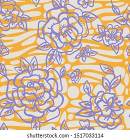 Floral seamless pattern made of cartoon doodle cute roses and leaves on mixed animal skin background zebra, giraffe safari africa print. Smooth paving stone oval forms. Vintage flat outline style.