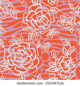 Floral seamless pattern made of cartoon doodle cute roses and leaves on mixed animal skin background zebra, giraffe safari africa print. Smooth paving stone oval forms. Vintage flat outline style.