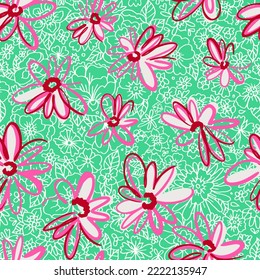 Floral seamless pattern made of cute garden flowers in bloom. Summer botanical background with hand drawn daisies. Good for dress, textile, clothes, fabric, wrapping. Line drawing in flat plain manner