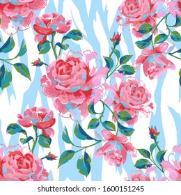 Floral seamless pattern made of gorgeous large roses. Acrilic painting with flower buds and leaves on zebra stripes background. Mix of animal skin texture and botanical ornament. 