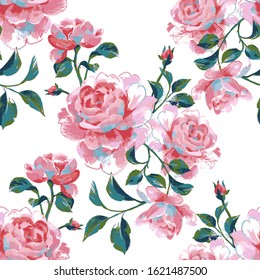 Floral seamless pattern made of gorgeous large roses. Acrilic painting with flower buds and leaves isolated on white. Hand drawn botanical illustration for fabric, textile, wallpaper and surface.