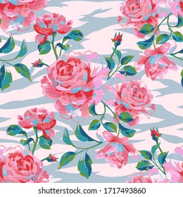 Floral seamless pattern made of gorgeous large roses. Acrilic painting with flower buds and leaves on zebra stripes background. Mix of animal skin texture and botanical ornament.