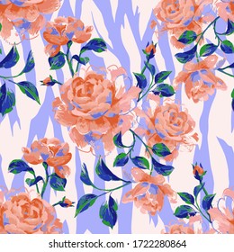 Patrón floral sin fisuras hecho de hermosas rosas grandes. Pintura acrílica con brotes de flores y hojas sobre fondo de rayas de cebra. Mezcla de textura de piel animal y adorno botánico.