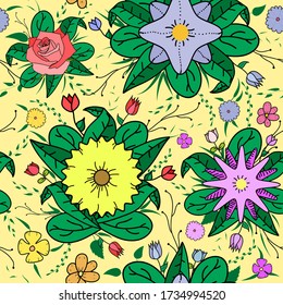 Floral seamless pattern made with hand drawn small and big flowers, leaves and branches. Great for printing on fabric. Very colorful and warm colors.