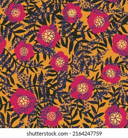 Floral seamless pattern made of large blossom poppy buds overlay on leaves and branches. Cute flowers. Hand drawn botanical background in trendy flat design. Cartoon style. Retro nature motif.