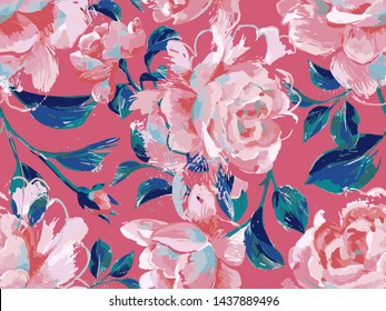 Floral seamless pattern made of opulent large roses. Acrilic painting with flower buds and leaves. Botanical illustration for fabric and textile.