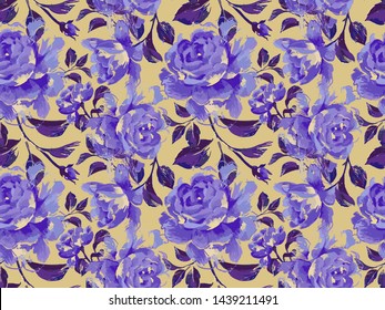 Floral seamless pattern made of opulent large roses. Acrilic painting with flower buds and leaves. Botanical illustration for fabric and textile.