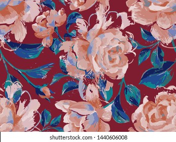 Floral seamless pattern made of opulent large roses. Acrilic painting with flower buds and leaves. Botanical illustration for fabric and textile.