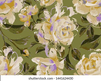 Floral seamless pattern made of opulent large luxury roses. Acrilic painting with flower buds and leaves. Botanical illustration for fabric and textile. 