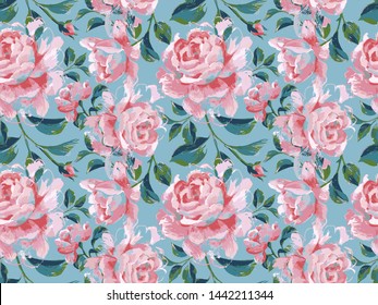Floral seamless pattern made of opulent large roses. Acrilic painting with flower buds and leaves. Botanical illustration for fabric and textile.