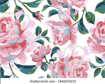 Floral seamless pattern made of opulent large roses. Acrilic painting with flower buds and leaves. Botanical illustration for fabric and textile.