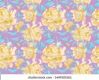 Floral seamless pattern made of opulent large roses. Acrilic painting with flower buds and leaves. Botanical illustration for fabric and textile.