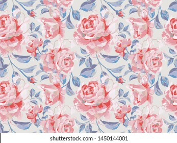 Floral seamless pattern made of opulent large roses. Acrilic painting with flower buds and leaves. Botanical illustration for fabric and textile.