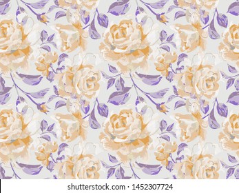 Floral seamless pattern made of opulent large roses. Acrilic painting with flower buds and leaves. Botanical illustration for fabric and textile.