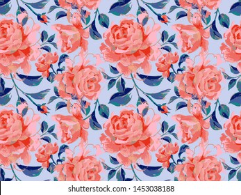 Floral seamless pattern made of opulent large roses. Acrilic painting with flower buds and leaves. Botanical illustration for fabric and textile.