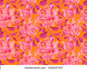 Floral seamless pattern made of opulent large roses. Acrilic painting with flower buds and leaves. Botanical illustration for fabric and textile.