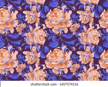 Floral seamless pattern made of opulent large roses. Acrilic painting with flower buds and leaves. Botanical illustration for fabric and textile.