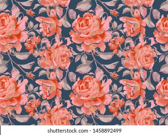 Floral seamless pattern made of opulent large roses. Acrilic painting with flower buds and leaves. Botanical illustration for fabric and textile.