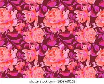 Floral seamless pattern made of opulent large roses. Acrilic painting with flower buds and leaves. Botanical illustration for fabric and textile.