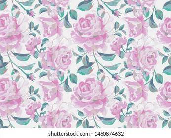 Floral seamless pattern made of opulent large roses. Acrilic painting with flower buds and leaves. Botanical illustration for fabric and textile.