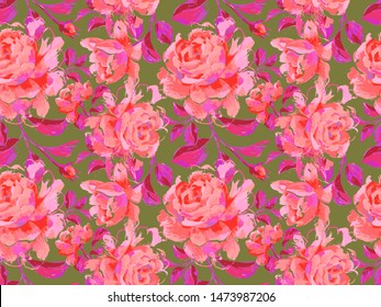 Floral seamless pattern made of opulent large roses. Acrilic painting with flower buds and leaves. Botanical illustration for fabric and textile.