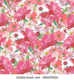 Floral sin costuras hecho de peonía y flores de verano diferentes. Textura sin fin para diseño, decoración, tarjetas de felicitación, afiches, invitaciones, publicidad.