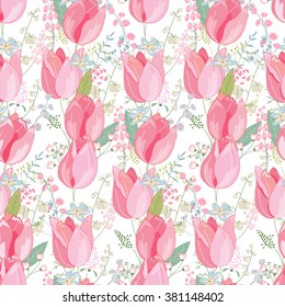 Floral seamless pattern made of red tulips and stylized flowers. Endless texture for spring and easter  design, decoration,  greeting cards, posters,  invitations, advertisement.