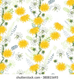 Floral seamless pattern made of yellow dandelions. Endless texture for romantic and spring design, decoration,  greeting cards, posters,  invitations, advertisement.