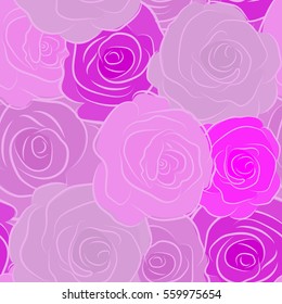 The floral seamless pattern in magenta, pink and violet colors. Fabric texture pattern with seamless rose flowers. Vector illustration. Flower pattern of multicolored rose flowers.