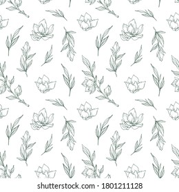 Floral seamless pattern with Magnolia buds and leaves for textiles and packaging.