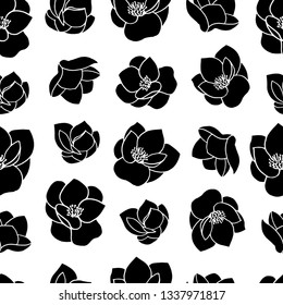 Floral seamless pattern with magnolia flowers isolated on white background. Blooming trees. Botany. Spring. Vector illustration.