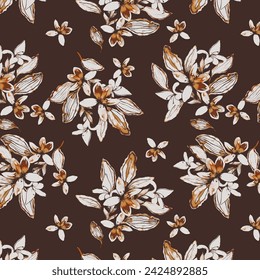 Floral Seamless Pattern. Magnolia flowers on a brown color background. Textile composition, hand drawn style print. vector illustration.