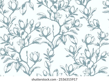 Patrón floral sin fisuras con adorno de flores de magnolia para el empaquetado orgánico y saludable de alimentos, textil, tela, cosméticos ecológicos naturales, Producto vegano. Patrón de flores de magnolia. Ilustración vectorial