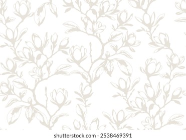 Patrón floral sin fisuras con adorno de flores de magnolia para el empaquetado orgánico y saludable de alimentos, textil, tela, cosméticos ecológicos naturales, Producto vegano. Patrón de flores de magnolia. Ilustración vectorial