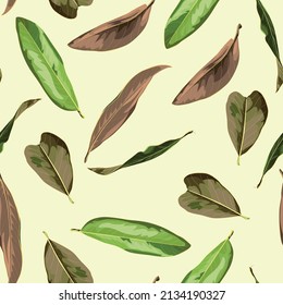 Floral Seamless Pattern with magnolia leaves, exotic tropical plants on yellow Background.	
