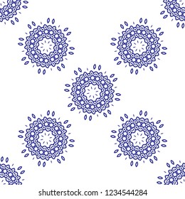 Floral seamless pattern. Mandala flower decorative elements. Ethnic abstract ornament. Oriental style background. Blue flowers on white background monochrome. Minimal flower pattern.