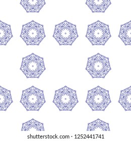 Floral seamless pattern. Mandala flower decorative elements. Ethnic abstract ornament. Oriental style background. Blue flowers on white background monochrome. Minimal flower pattern.