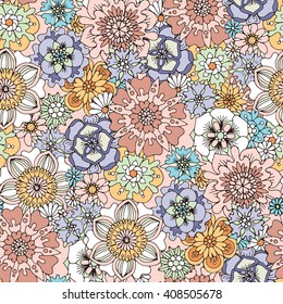 Floral seamless pattern. Many hand-painted flowers.