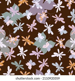 Nahtloses Muster ohne Blumen. Viele kleine dekorative Blumen und Schmetterlinge auf braunem Hintergrund, Vektorgrafik für Design-Gewebe, Hintergrund der Frauensite, Tapete, Papier.